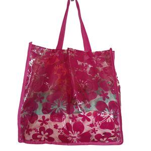 pink clear floral hibiscus tote bag purse